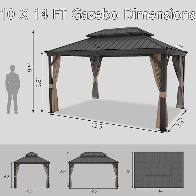10'x14' Hardtop Gazebo, Outdoor Aluminum Patio Gazebo Double Roof Galvanized Steel Canopy with Netting and Curtains,for Garden, Patio, Backyard, Deck and Lawns.