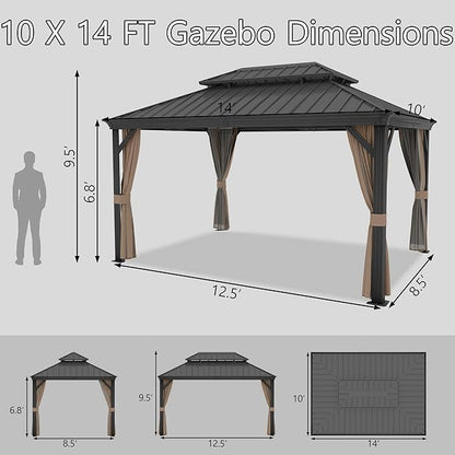 10'x14' Hardtop Gazebo, Outdoor Aluminum Patio Gazebo Double Roof Galvanized Steel Canopy with Netting and Curtains,for Garden, Patio, Backyard, Deck and Lawns.
