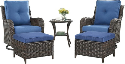Outdoor Wicker Patio Furniture Set - 5 Pieces Rattan Patio Conversation Set with 2 Rocking Swivel Chairs,2 Ottomans and 1 Side Table for Porch Deck Backyard Garden(Brown/Blue)