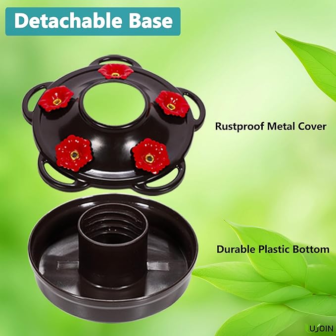 Spiral Shaped Hummingbird Feeder for Outdoors, Hand Blown Glass, 25 fl.oz, Leak Proof & Rustproof, Includes an Ant Moat, Metal Cover with 5 Feeding Ports & 5 Perches, Blue