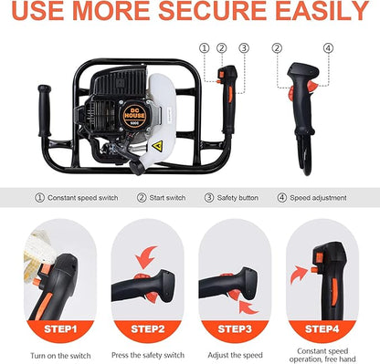 DC HOUSE 52cc 1800W Gas Powered Earth Auger EPA Certified Post Hole Digger, with Drill Bit 12 inch, Mixing Ratio 30:1, for Fence, Farmland and Garden