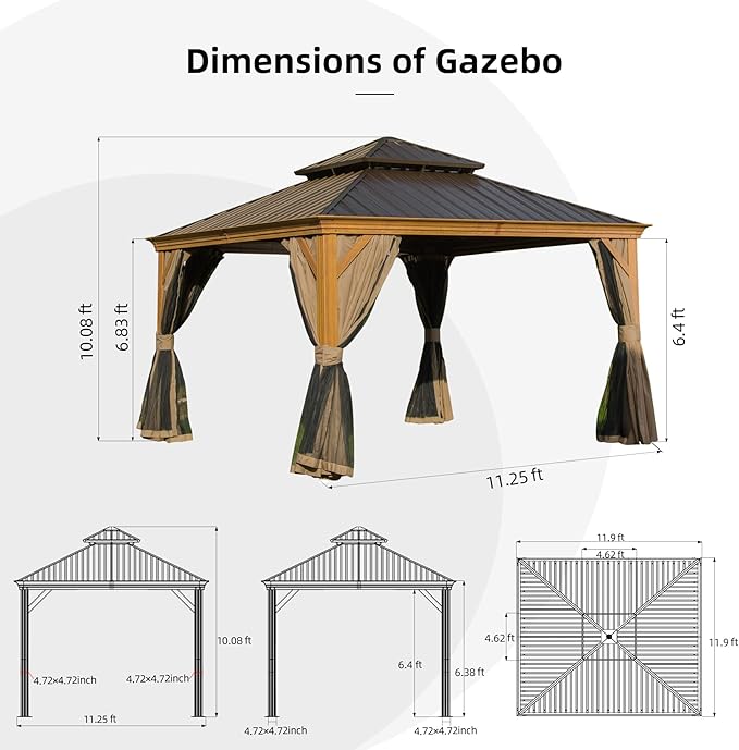 Domi Outdoor Living 12’x12’ Hardtop Gazebo, Wooden Coated Aluminum Frame Canopy with Galvanized Steel Double Roof, Outdoor Permanent Metal Pavilion with Curtains and Netting for Patio, Deck and Lawn