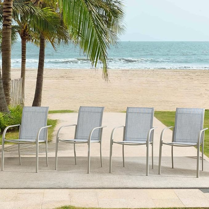 Outdoor Dining Chairs Set of 8, Stackable Patio Chairs with Textilene Fabric, Lightweight Garden Chairs for Poolside, Backyard, Camping, Beige