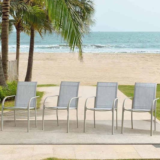 Outdoor Dining Chairs Set of 8, Stackable Patio Chairs with Textilene Fabric, Lightweight Garden Chairs for Poolside, Backyard, Camping, Beige