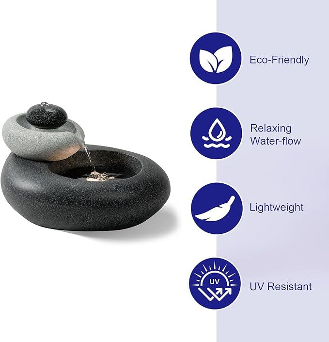 13.39" H Outdoor Water Fountain Made with Eco-Friendly Recyclable Materials, Polyethylene Rock Waterfall Outdoor Fountain, Garden Decor with LED Light & Pump for Patio, Backyard (13.39")