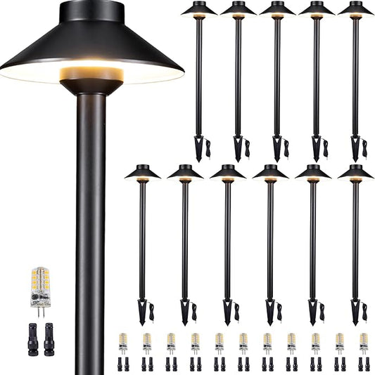 Gardenreet Low Voltage Landscape Path Light, Solid Brass Pathway Light IP65 Waterproof, Hat Shaped 12V Wired, Black LED for Walkway Garden with 3W 270LM 5000K Daylight G4 Bulb (12 Pack)
