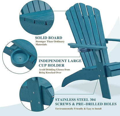 Psilvam Adirondack Chair, Oversized Poly Lumber Fire Pit Chair with Cup Holder, 350Lbs Support Patio Chairs for Garden, Weather Resistant Outdoors Seating, Relaxing Gift for Father & Mother(2, Blue)