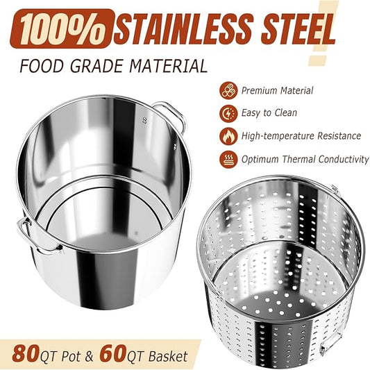 Stainless Steel 80QT Crawfish Boiler Kit, Waterproof Cover & 18-inch Skimmer, 110,000BTU Propane Burner Stove, 0-20PSIG Regulator, Seafood Boil Pot, Crab Boil Pot with 60QT Basket