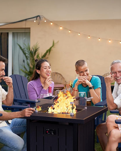 SERWALL 33" Outdoor Fire Pit Table, 50,000 BTU Square Propane Fire Pit Table with Lid, Glass Rock & Glass Wind Guard, HDPE Outdoor Furniture for Patio, Garden, Backyard, Black