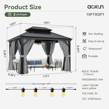 Aoxun 10' X 12' Hardtop Gazebo with Drainage System, Aluminum Outdoor Gazebo with Galvanized Steel Double Roof, Patio Permanent Metal Pavilion and LED Waterproof Hanging Lights, Easy Assemble