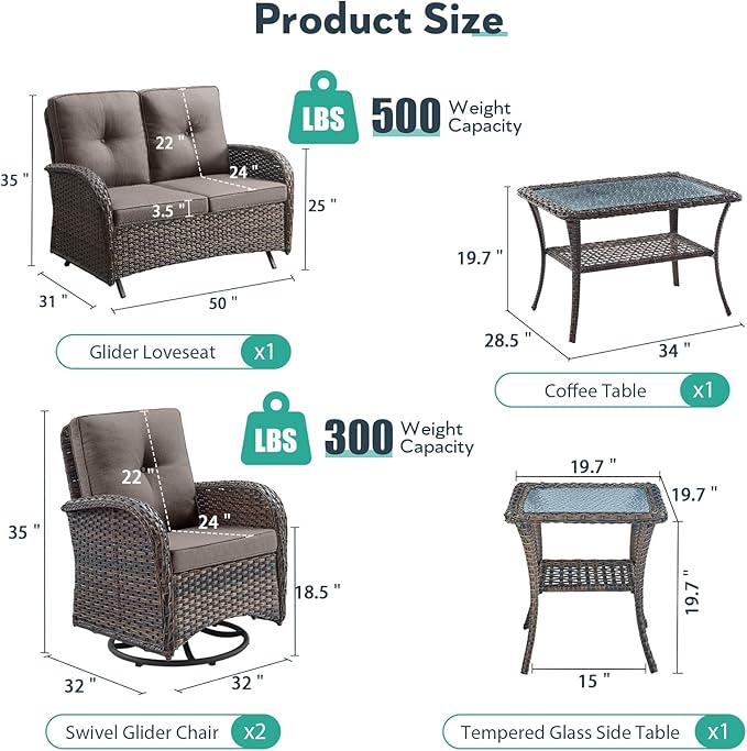 5 Piece Patio Furniture Set - Wicker Patio Conversation Set with Swivel Glider, Glider Loveseat, Tempered Glass Side Table and Coffee Table for Deck Backyard - Brown Wicker Grey Cushion