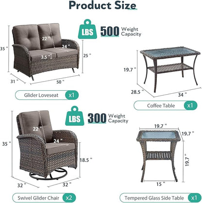 5 Piece Patio Furniture Set - Wicker Patio Conversation Set with Swivel Glider, Glider Loveseat, Tempered Glass Side Table and Coffee Table for Deck Backyard - Brown Wicker Grey Cushion