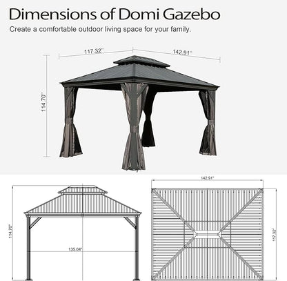 Domi 10x12FT Outdoor Gazebo, Hardtop Gazebo with Galvanized Steel Double Roof, Metal Gazebos with Drainage System Patio Pergola for Patio Deck Backyard,Curtain and Netting,Gray