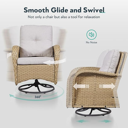 Outdoor Rocker Swivel Glider Chair - 3 Piece Wicker Patio Furniture Set, All Weather Patio Bistro Set with Glass Side Table for Balcony Porch Deck Backyard - Yellow Wicker Beige Cushion