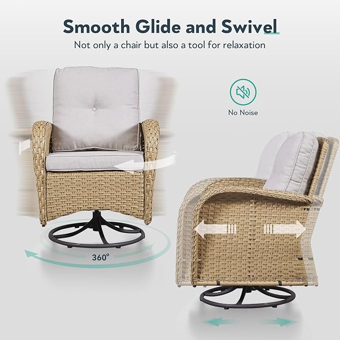 Outdoor Swivel Glider Rocker Chairs Set of 4 - Wicker Patio Furniture Set All Weather Patio Conversatio Sets with 2 Tempered Glass Side Table for Deck Backyard - Yellow Wicker Beige Cushion