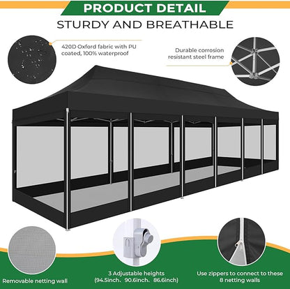 COBIZI 10x30 Heavy Duty Pop Up Canopy with 8 Sidewalls, Commercial Gazebo Party Tent with Mosquito Netting Wall Easy Set Up Outdoor Instant Screen Tent for Backyard, Patio, Garden, Black