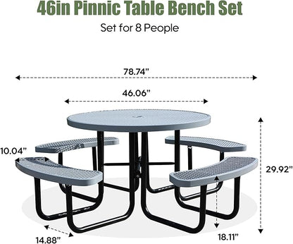 8-Person Picnic Tables for Outdoors, Industrial 46" Expanded Metal Round Picnic Table with 4 Benches & Umbrella Hole, Outside Table and Bench Set for Park, Garden, Backyard, Patio, Grey