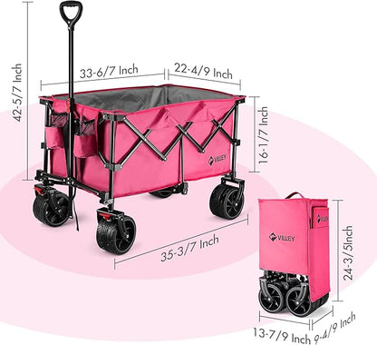 VILLEY Collapsible Folding Wagon with Big Wheels, Enlarged 225lbs Capacity, All Terrain Wagons Carts Heavy Duty Foldable, Portable Utility Garden Cart with 2 Cup Holders and Brake, Pink