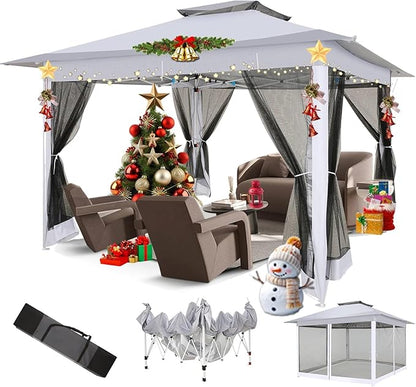 COBIZI 12x12 Pop Up Gazebo On Clearance - Upgrade Easy Up Metal Outdoor Canopy Waterproof - Portable Gazebo with Mosquito Nettings, 4 Ropes 8 Stakes and Carry Bag for Patio Garden(Light Gray)