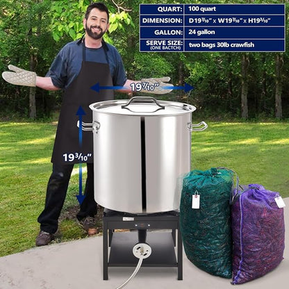 ARC 100 QT Large Crawfish Seafood Boil Pot with Basket and 2 Brown-paper Table Covers, Stainless Steel Stock Pot with Strainer, Outdoor Cooking Pot for Lobster, Crab, and Shrimp, 24 Gallon Pot