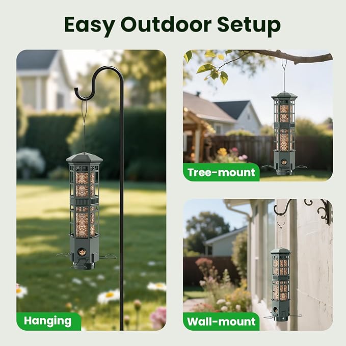 Squirrel Proof Bird Feeder for Outdoors - 3 Port Hanging Metal Bird Feeder with Gravity Spring, 3LB Large Capacity, Chew-Proof & Weather Resistant, Attract Wild Birds, Green