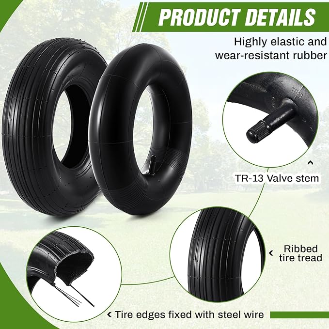 4 Sets 13'' 4.00-6 Replacement Tire and Inner Tube Set Heavy Duty 4.00-6 Tire and Wheel with TR13 Straight Valve Stem and Ribbed Tire Treads, for Wheelbarrow Trolley Garden Wagon Wheels