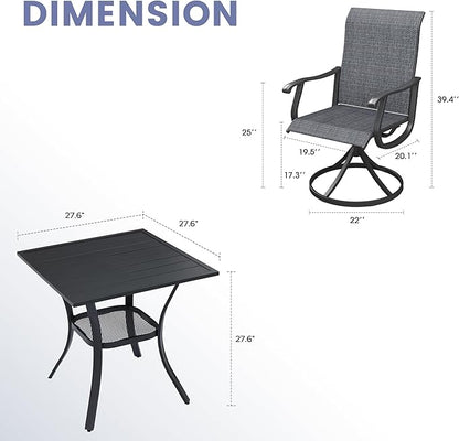 VICLLAX 3 Pieces Outdoor Dining Set, Patio Furniture Set of 2 Patio Swivel Dining Chairs and Small Dining Table with Storage Shelf, Dark Charcoal Chairs & Black Tabletop