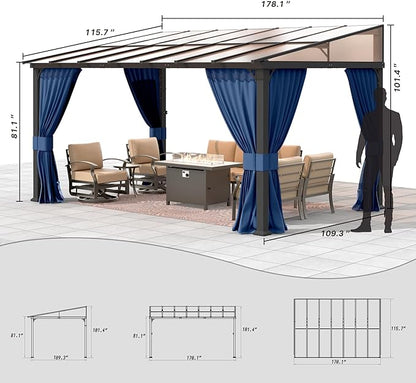 Gotland 10FTx14FT Outdoor Wall Mounted Hardtop Pergola, Metal Frame Gazebo with Sloping Sun Panel Roof and Double Curtains for Patio, Garden, Lawn, Navy