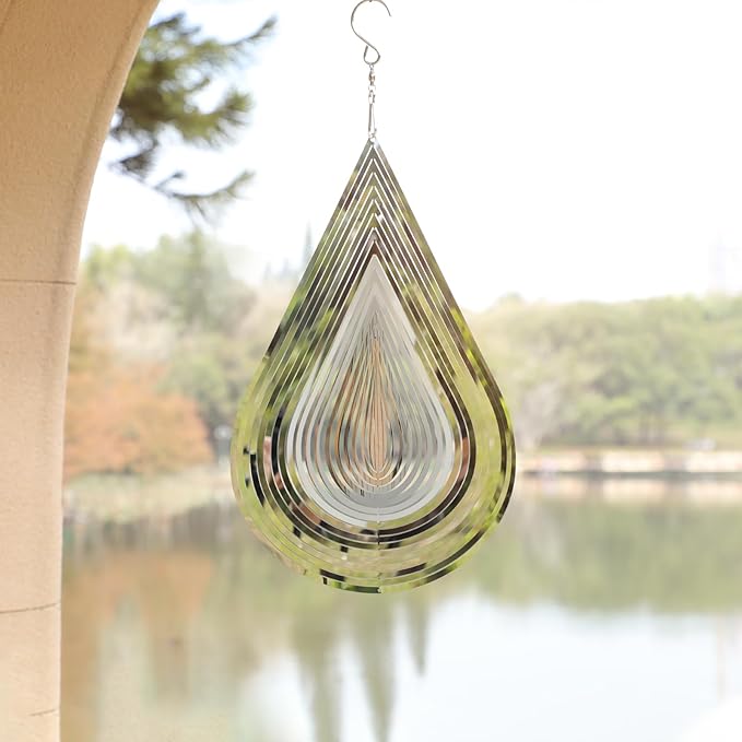 Wind Spinner Flowing-Light Effect Courtyard Decorations Made of Stainless Steel House Hanging Decoration 12“x 8“ Spinners with a 360° Rotating Hook (2 pcs Water Drop-Silver)