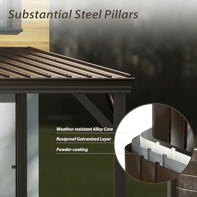 Domi 12'x20' Hardtop Lean to Gazebo with Gutters, Connectable Wall Mounted Gazebo Pergola with Galvanized Steel Roof, 60MPH Wind Resistance, Outdoor Large Metal Canopy, for Patio, Deck, Lawn - Brown
