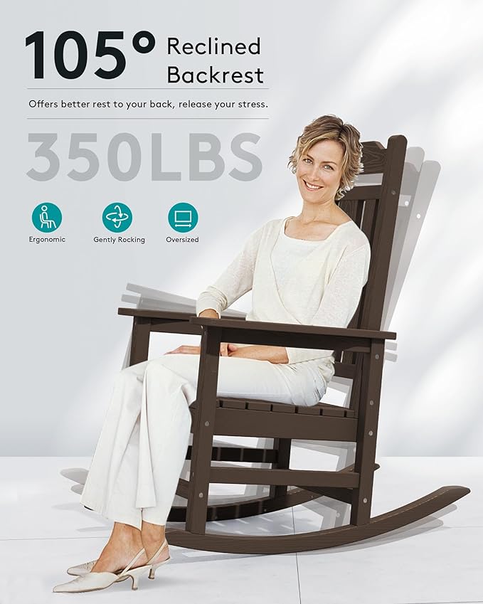 SERWALL Outdoor Rocking Chair Set of 8, Patio Rocking Chairs Set, HDPE Rocking Chair Outdoor for Adults, Heavy Duty Front Porch Rocker, Coffee