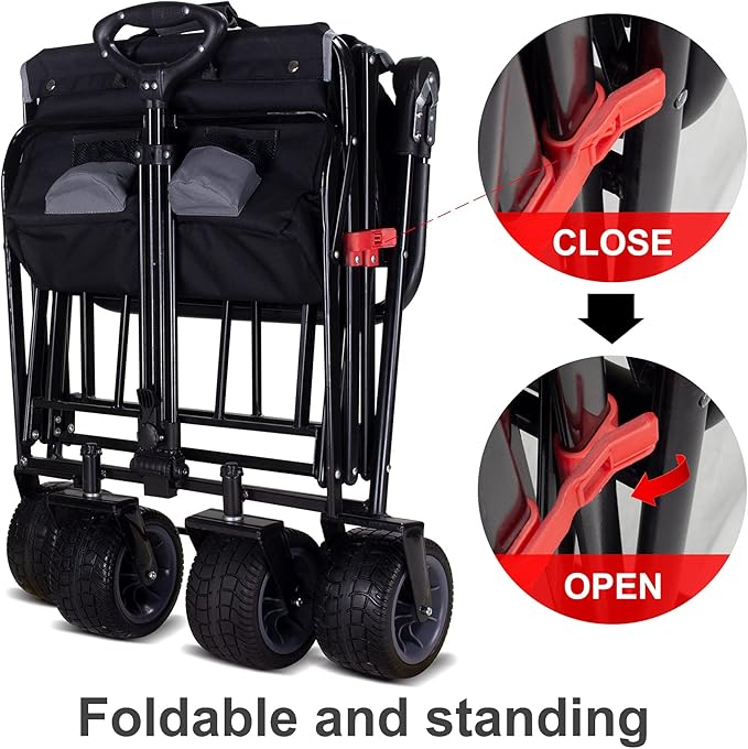TMZ All Terrain Utility Folding Wagon, Collapsible Garden Cart, Heavy Duty Beach Wagon, for Shopping, Camping, and Outdoor Activities with Push Handle and Brakes (Black/Grey)