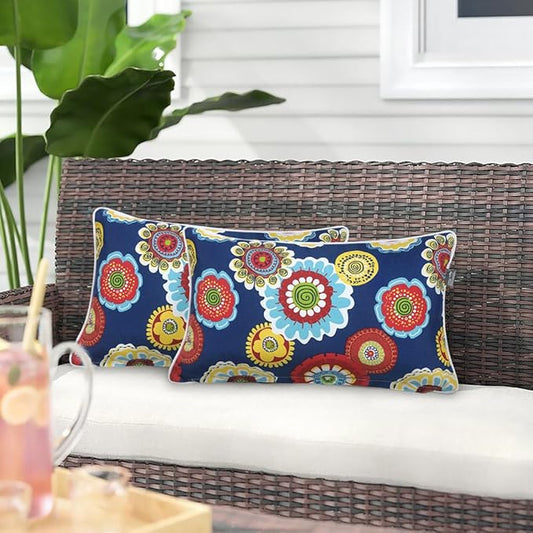 Magpie Fabrics Pack of 2 Outdoor Waterproof Lumbar Rectangular Throw Pillow with Insert 12x20 Inch, Home Decorative Toss Cushion for Patio Garden Car Office (Floral Navy)