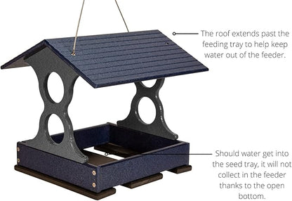 JCS Wildlife Medium Poly Fly-Thru Bird Feeder w/Removable Seed Tray - Holds 4 Cups of Bird Seed to Attract Cardinals, Chickadees, and More Backyard Birds (Blue)