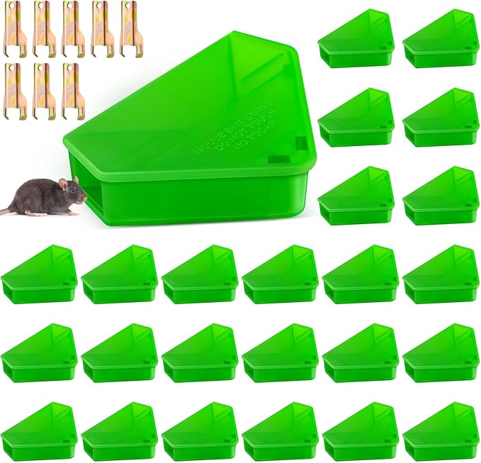 Qualirey 24 Pcs Mice Station with Key Triangle Bait Station Reusable Rodent Trap Bait Box, Keeps Children and Pets Safe Indoor & Outdoor, Bait Not Included, Suitable for Small Mice (Translucent Green)