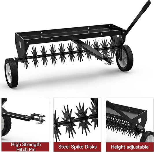 YITAMOTOR 40" Tow Behind Spike Aerator, Durable Lawn Aerator for Soil Penetrator with Transport Wheels & Galvanized Plug Coring Tines & Universal Hitch Tow Bar & Side Control Handle for ATV,Black