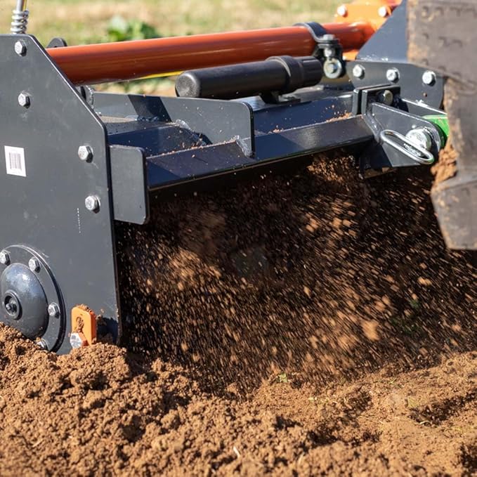 Titan Attachments 3 Point 72" Rotary Tiller Attachment Fits Cat 1 Tractors, Charcoal Finish, Single Speed PTO Driven Cultivator with a 540 RPM Gearbox, Replaceable L-Shaped Tines Work 5" Deep
