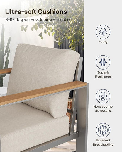 Aluminum Outdoor Patio Furniture Set with Coffee Table, 4 Piece Patio Conversation Sets with Washable Thick Cushions, Outdoor Sectional Furniture Set for Porch, Balcony, Deck, Yard, Silver