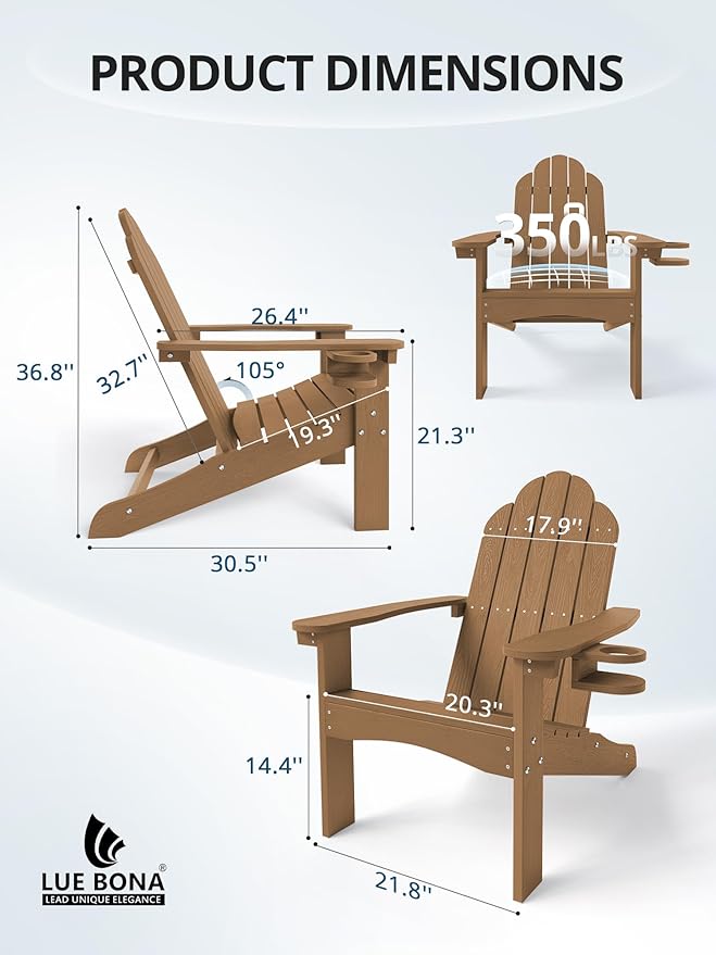 LUE BONA HDPE Adirondack Chairs Set of 2,Plastic Adirondack Chairs with Cup Holder Weather Resistant for Outdoor, Patio, Lawn, Garden, Backyard Deck, Fire Pit, Brown