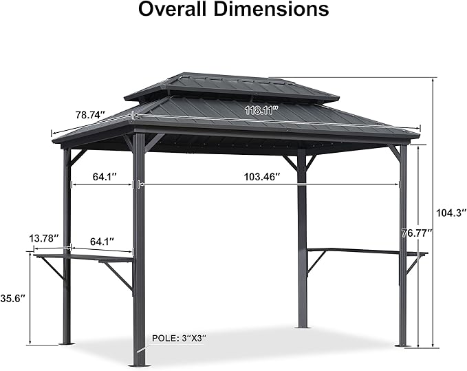 PURPLE LEAF 6.5' X 10' Hardtop Grill Gazebo for Patio Permanent Aluminum Barbeque Shelter Gazebo Canopy with Ceiling Hook and Shelves Double Tiered Grey Outdoor BBQ