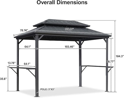 PURPLE LEAF 6.5' X 10' Hardtop Grill Gazebo for Patio Permanent Aluminum Barbeque Shelter Gazebo Canopy with Ceiling Hook and Shelves Double Tiered Grey Outdoor BBQ