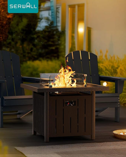 SERWALL 33" Outdoor Fire Pit Table, 50,000 BTU Square Propane Fire Pit Table with Lid, Glass Rock & Glass Wind Guard, HDPE Outdoor Furniture for Patio, Garden, Backyard, Black