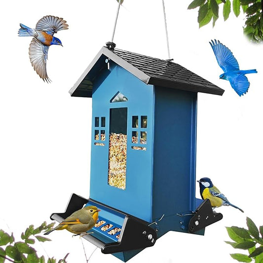 Squirrel Proof Bird Feeder, Bird Feeders Hanging for Outdoors 6 Lbs Seed, Wild Metal Birdfeeder for Small Birds, Cardinal, Outside, Garden (Blue)