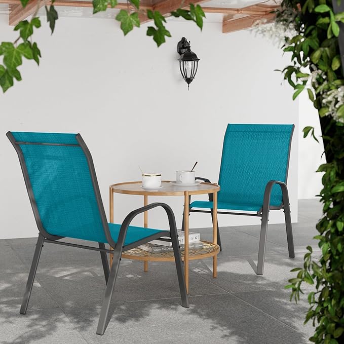 Patio Dining Chairs Set of 6, Stackable Dining Chairs High Back, Breathable Seat Fabric and Alloy Steel Frame Fit Backyard, Porch, Lawn，Poolside (Sky Blue)