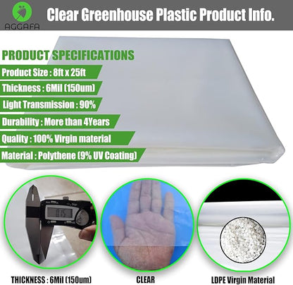 6 mil (8ft x 25ft) 100% Virgin Material. 5Layers Advanced Extrusion Technology for UV Protection, Anti-drip, Anti-Fog, Thermal and Strength. 4Years Lifetime UV Resistant Greenhouse Plastic