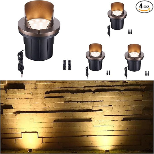 LED In-Ground Well Lights, Low Voltage Landscape Lights Outdoor Uplighting, 12V Anti-Glare IP67 Waterproof & Wired ORB Fixtures for Trees, Pathway, Walls, 3000K Warm White 4 Pack