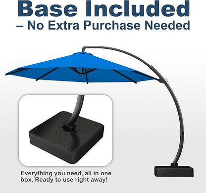 12FT Cantilever Umbrella with Base Large Curvy Outdoor Aluminum Offset Umbrella w/ 360° Rotation, UV Resistant Canopy for Patio, Garden, Backyard, Royal Blue
