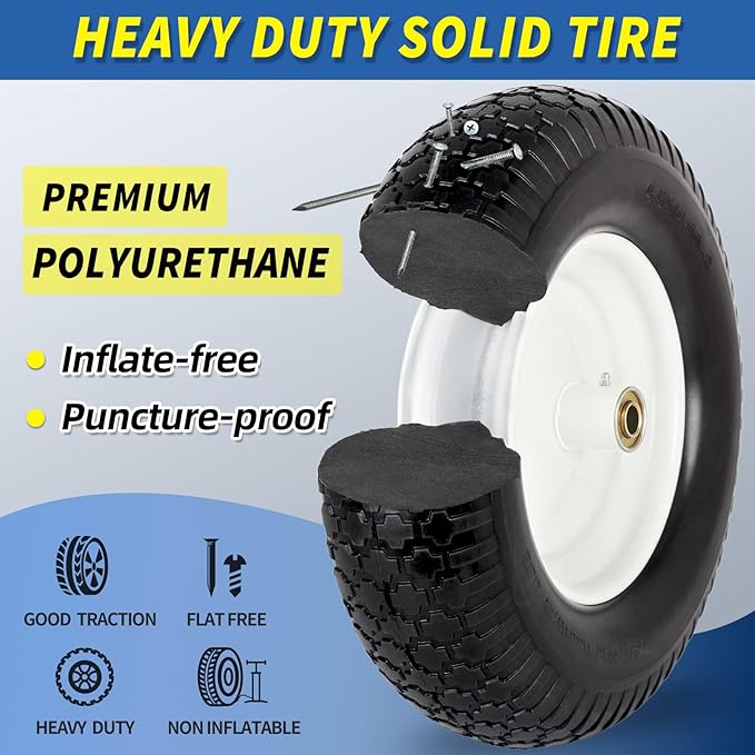 4.80/4.00-8" Flat-Free Tire and Wheel 16" Solid Wheelbarrow Tire, 6" Centered Hub, 5/8" Axle Bore Hole for Wheel Barrow Garden Utility Cart Replacement