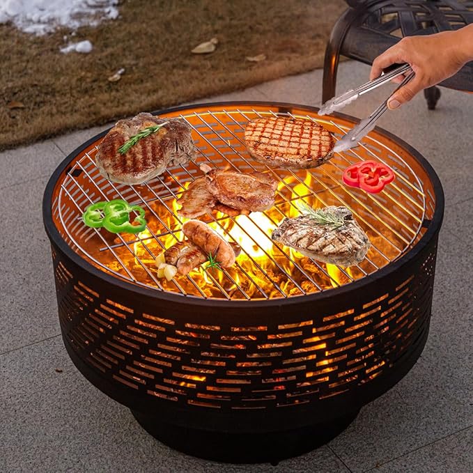26" Wood Burning Fire Pits with Grill & Lid, Fire Pit Table for Outside with Waterproof Cover & Fire Poker, Outdoor Firepit with Functions for BBQ,Table and Bonfire