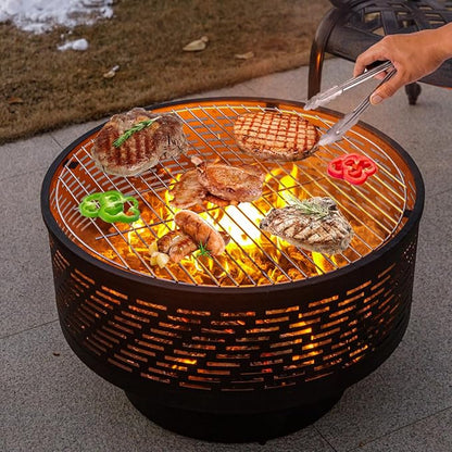 26" Wood Burning Fire Pits with Grill & Lid, Fire Pit Table for Outside with Waterproof Cover & Fire Poker, Outdoor Firepit with Functions for BBQ,Table and Bonfire